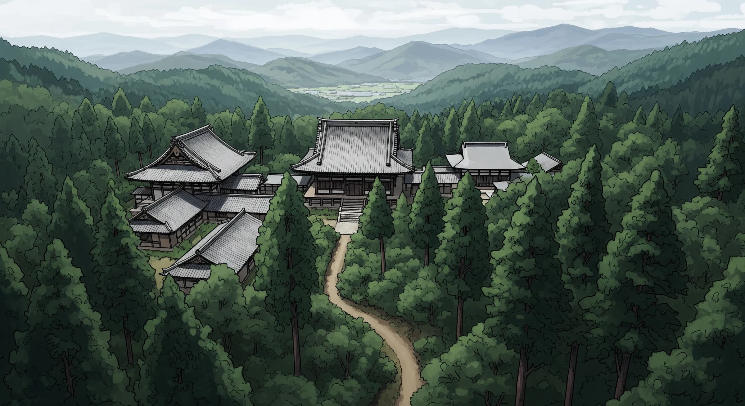 森に抱かれた栃木の寺院を上空から望む