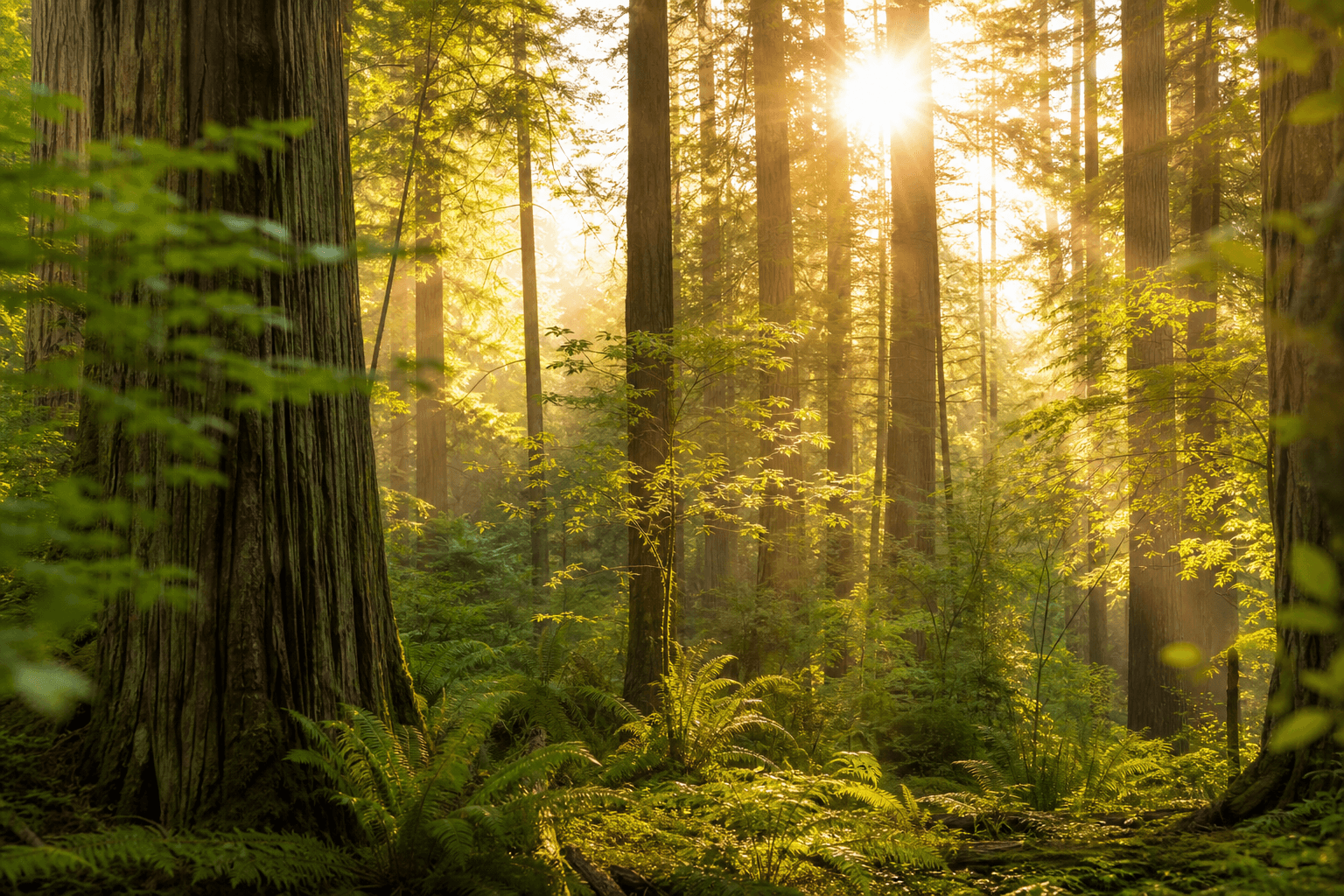 明るい森に朝日が差し込む。木漏れ日が苔むした林床を照らす、静かで穏やかな自然の光景。