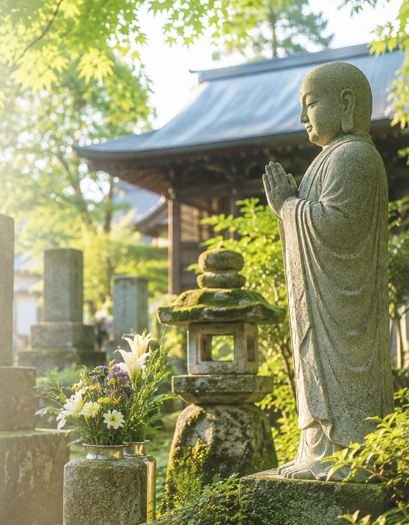 提携寺院の境内に立つ地蔵菩薩。石灯篭と花、ご家族の墓石が静かに並ぶ朝の光景。